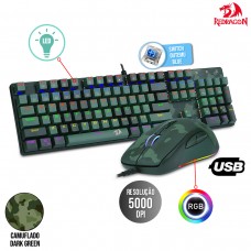 Kit Gamer Teclado Mecânico Switch Outemu Blue + Mouse com LED Rainbow Dark Green Camuflado Hunter S108 Redragon
